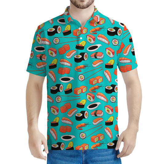 Japanese Sushi And Rolls Pattern Print Men's Polo Shirt