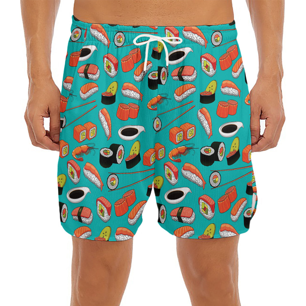 Japanese Sushi And Rolls Pattern Print Men's Split Running Shorts