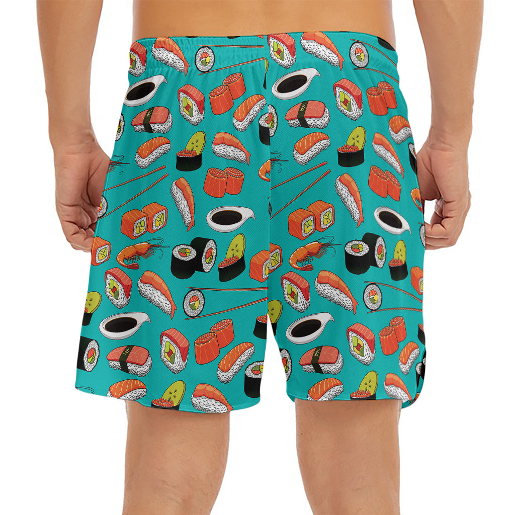 Japanese Sushi And Rolls Pattern Print Men's Split Running Shorts
