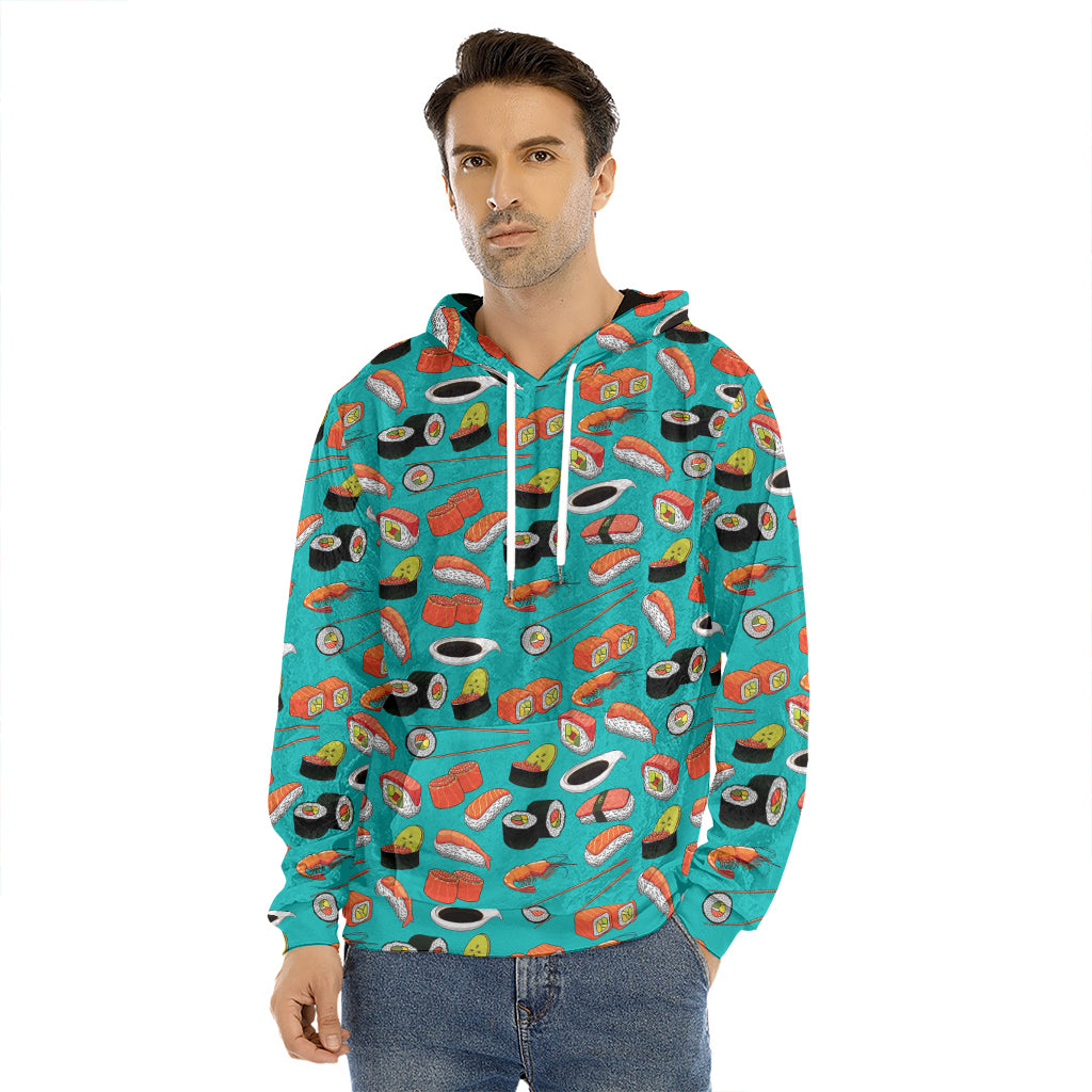 Japanese Sushi And Rolls Pattern Print Men's Velvet Pullover Hoodie