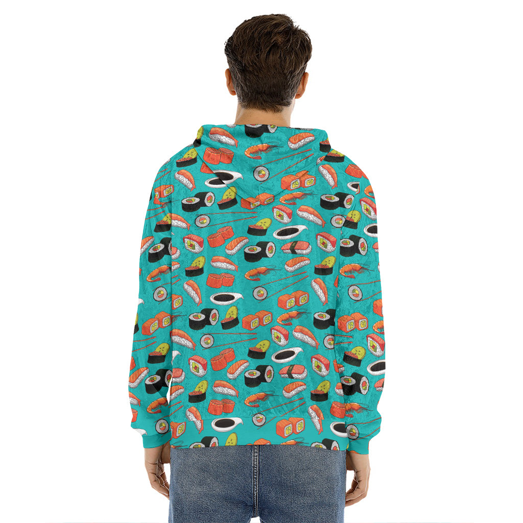 Japanese Sushi And Rolls Pattern Print Men's Velvet Pullover Hoodie