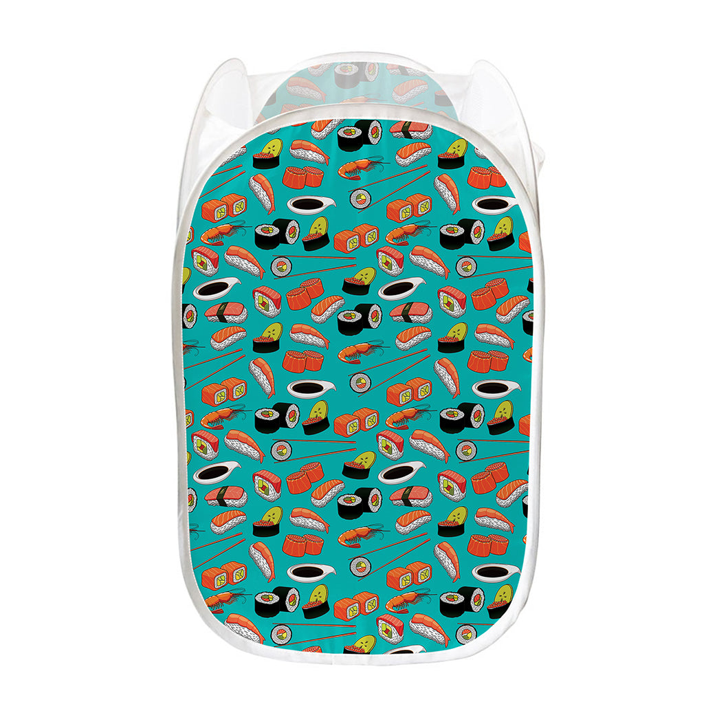 Japanese Sushi And Rolls Pattern Print Mesh Laundry Hamper