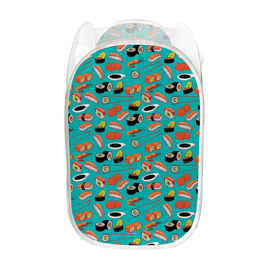 Japanese Sushi And Rolls Pattern Print Mesh Laundry Hamper