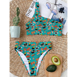 Japanese Sushi And Rolls Pattern Print One Shoulder Bikini Top