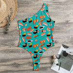 Japanese Sushi And Rolls Pattern Print One Shoulder Bodysuit