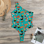 Japanese Sushi And Rolls Pattern Print One Shoulder Bodysuit
