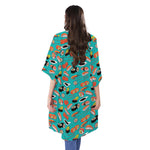 Japanese Sushi And Rolls Pattern Print Open Front Beach Cover Up