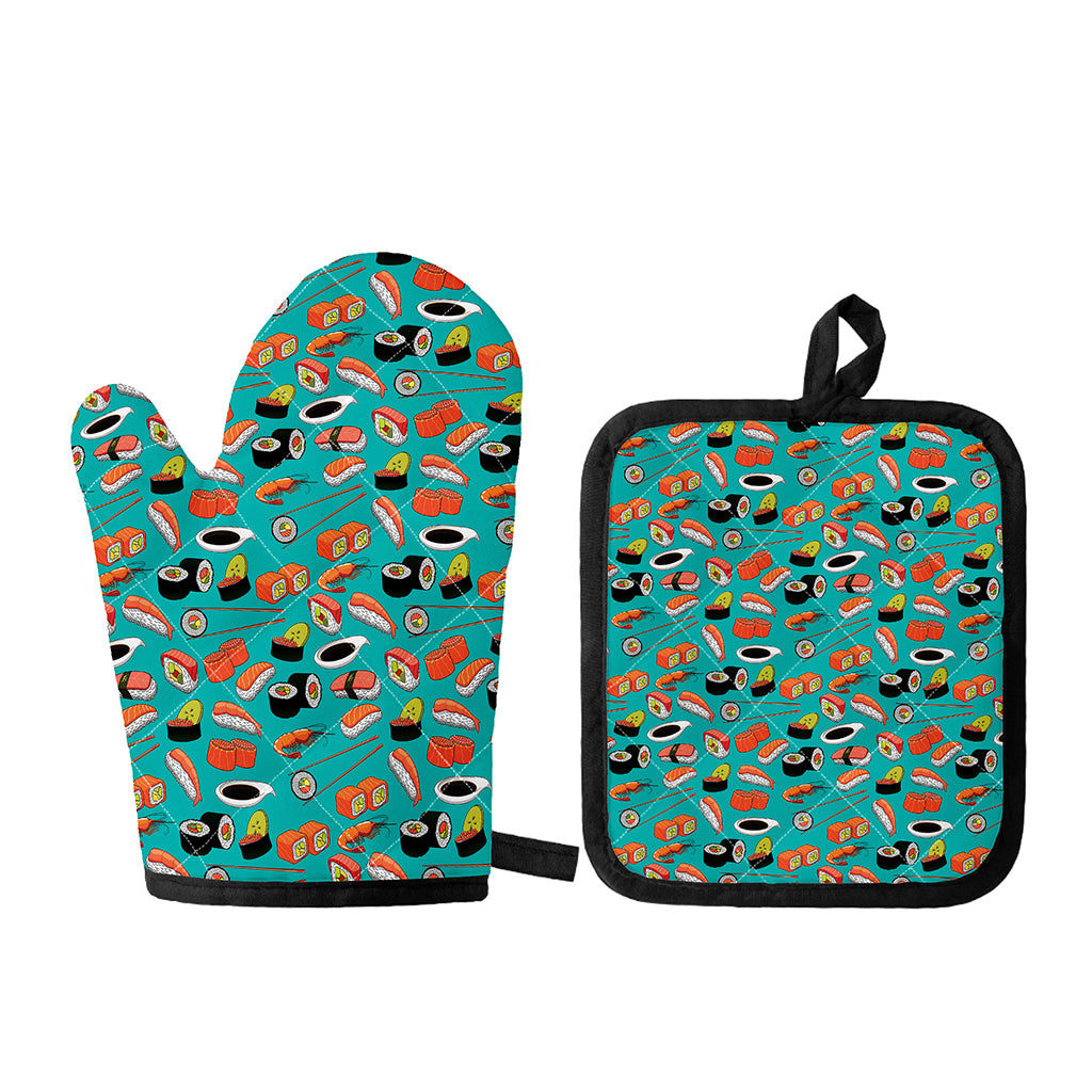 Japanese Sushi And Rolls Pattern Print Oven Mitt And Pot Holder Set
