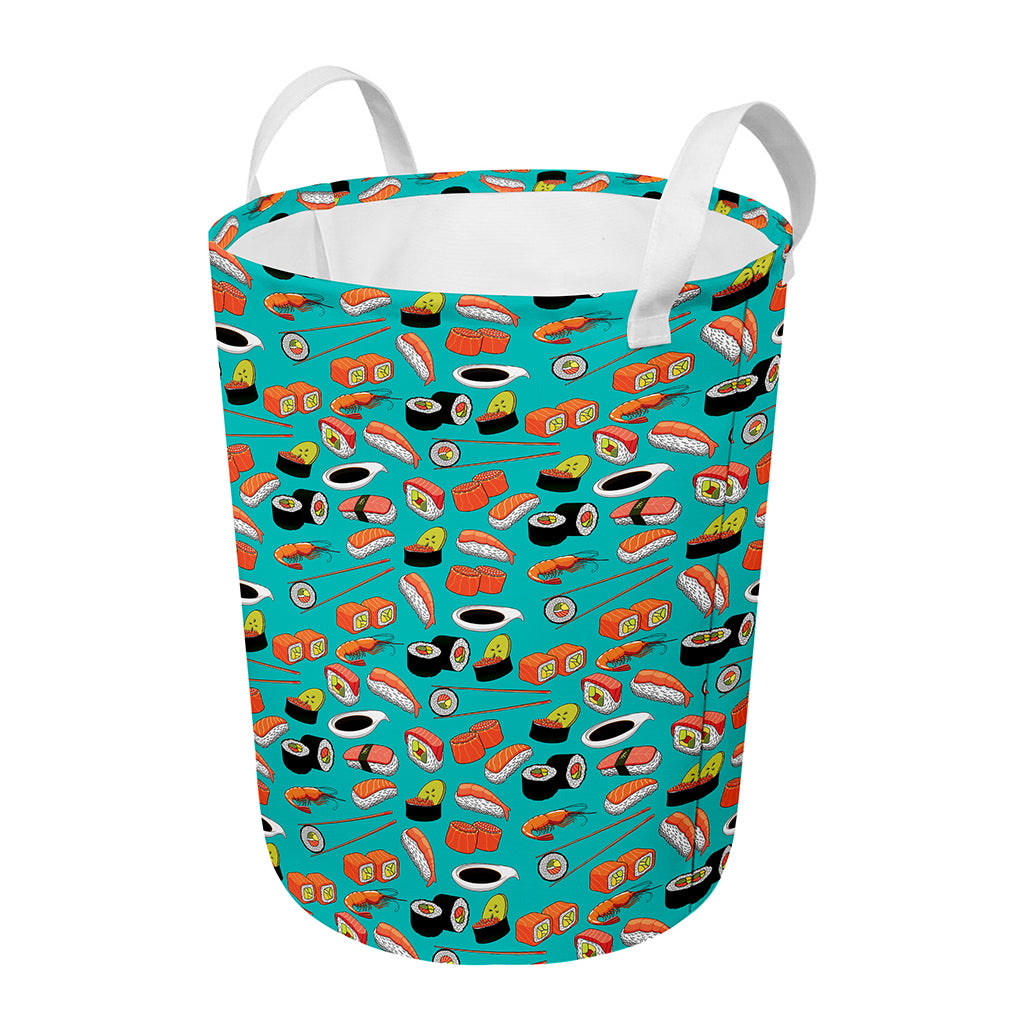 Japanese Sushi And Rolls Pattern Print Round Laundry Basket