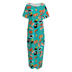 Japanese Sushi And Rolls Pattern Print Short Sleeve Long Nightdress