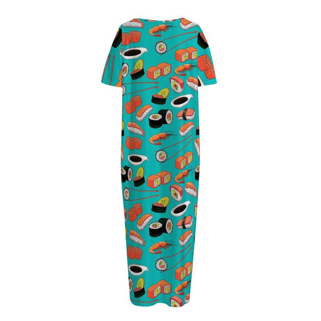 Japanese Sushi And Rolls Pattern Print Short Sleeve Long Nightdress