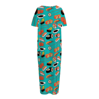 Japanese Sushi And Rolls Pattern Print Short Sleeve Long Nightdress