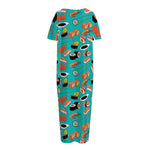 Japanese Sushi And Rolls Pattern Print Short Sleeve Long Nightdress