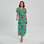 Japanese Sushi And Rolls Pattern Print Short Sleeve Maxi Dress