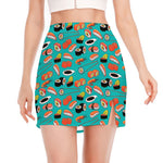 Japanese Sushi And Rolls Pattern Print Side Slit Mini Skirt