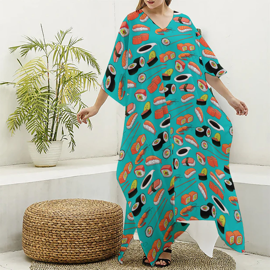 Japanese Sushi And Rolls Pattern Print Silk V-Neck Kaftan Dress