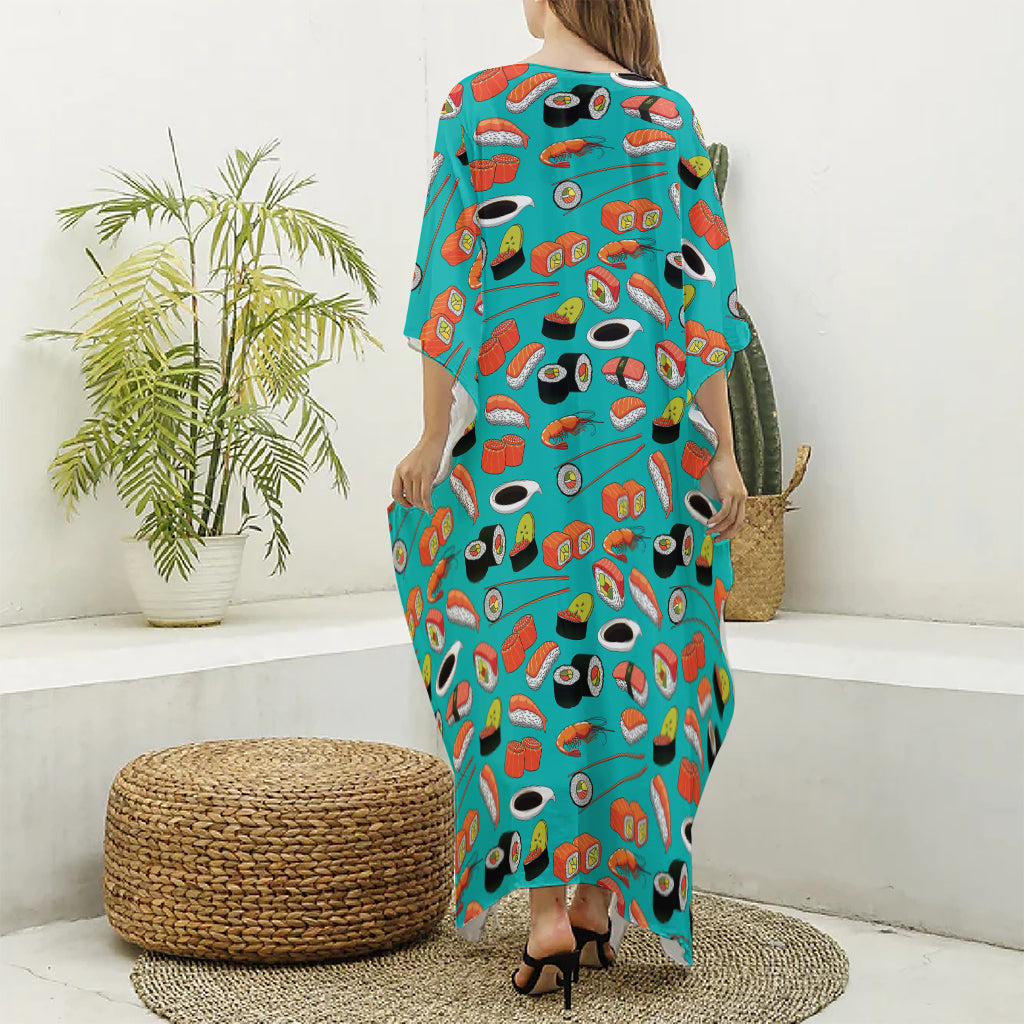 Japanese Sushi And Rolls Pattern Print Silk V-Neck Kaftan Dress