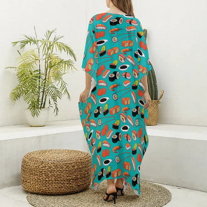 Japanese Sushi And Rolls Pattern Print Silk V-Neck Kaftan Dress