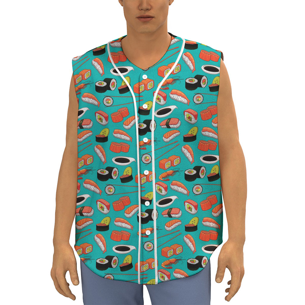 Japanese Sushi And Rolls Pattern Print Sleeveless Baseball Jersey
