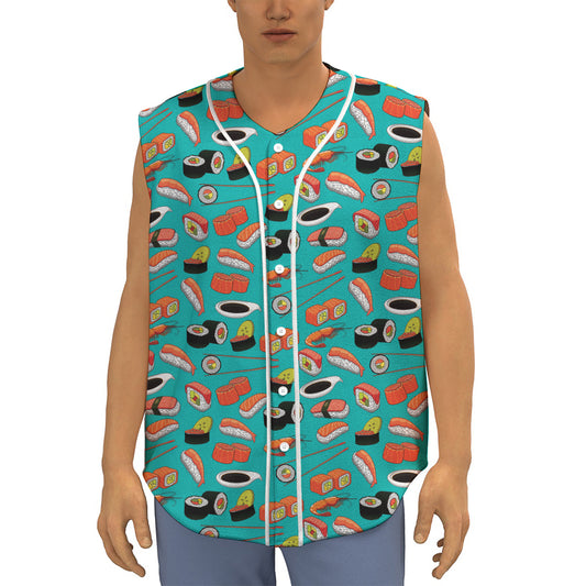 Japanese Sushi And Rolls Pattern Print Sleeveless Baseball Jersey