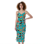 Japanese Sushi And Rolls Pattern Print Slim Fit Midi Cami Dress