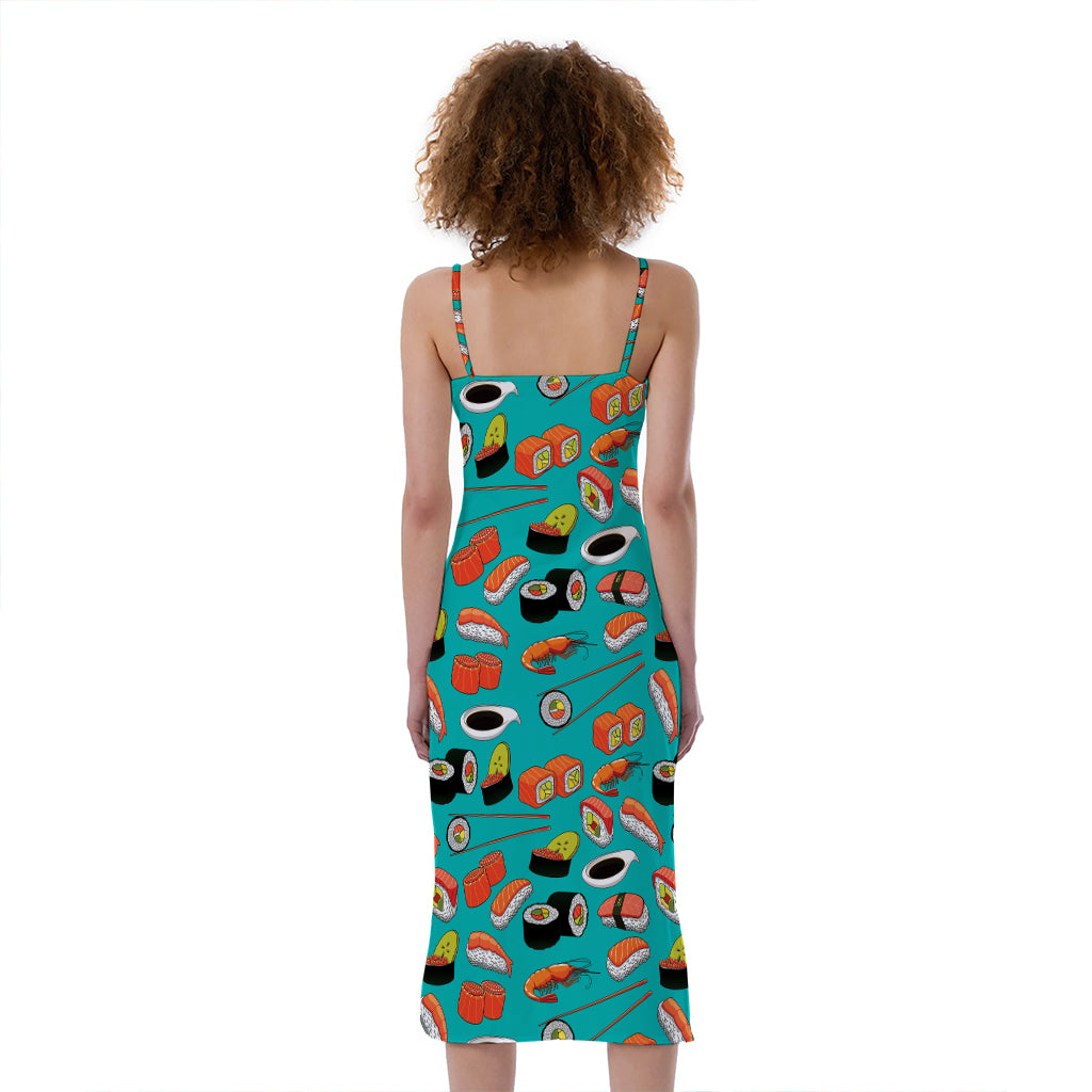 Japanese Sushi And Rolls Pattern Print Slim Fit Midi Cami Dress