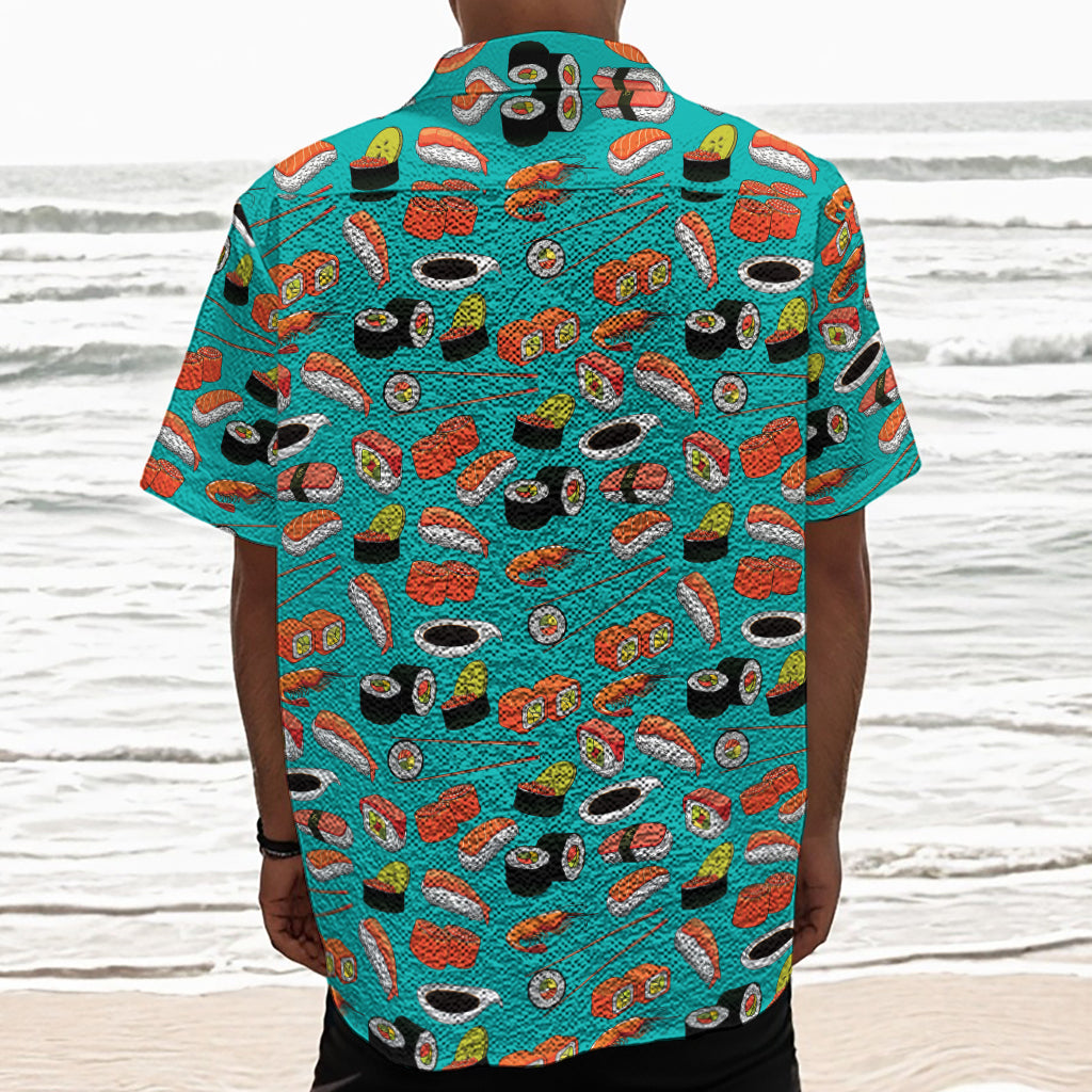 Japanese Sushi And Rolls Pattern Print Textured Short Sleeve Shirt