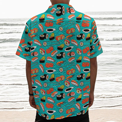 Japanese Sushi And Rolls Pattern Print Textured Short Sleeve Shirt