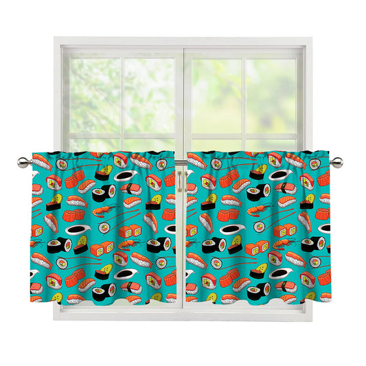 Japanese Sushi And Rolls Pattern Print Tier Curtains
