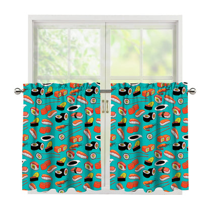 Japanese Sushi And Rolls Pattern Print Tier Curtains