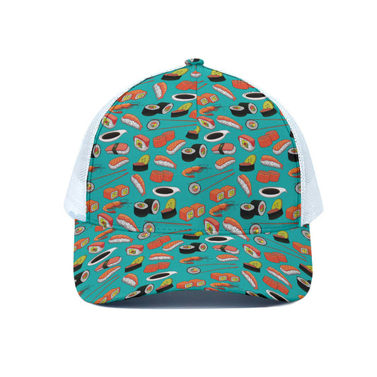 Japanese Sushi And Rolls Pattern Print White Mesh Trucker Cap