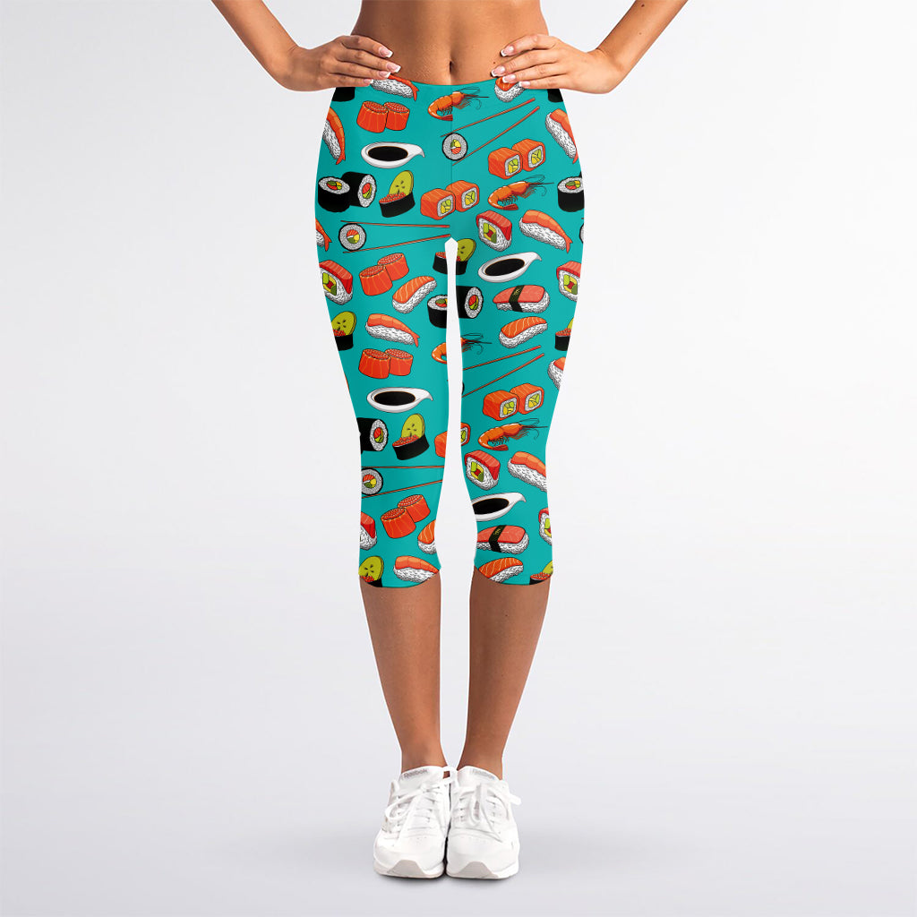 Japanese Sushi And Rolls Pattern Print Women's Capri Leggings