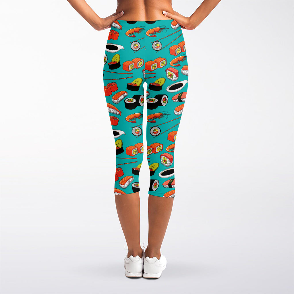 Japanese Sushi And Rolls Pattern Print Women's Capri Leggings
