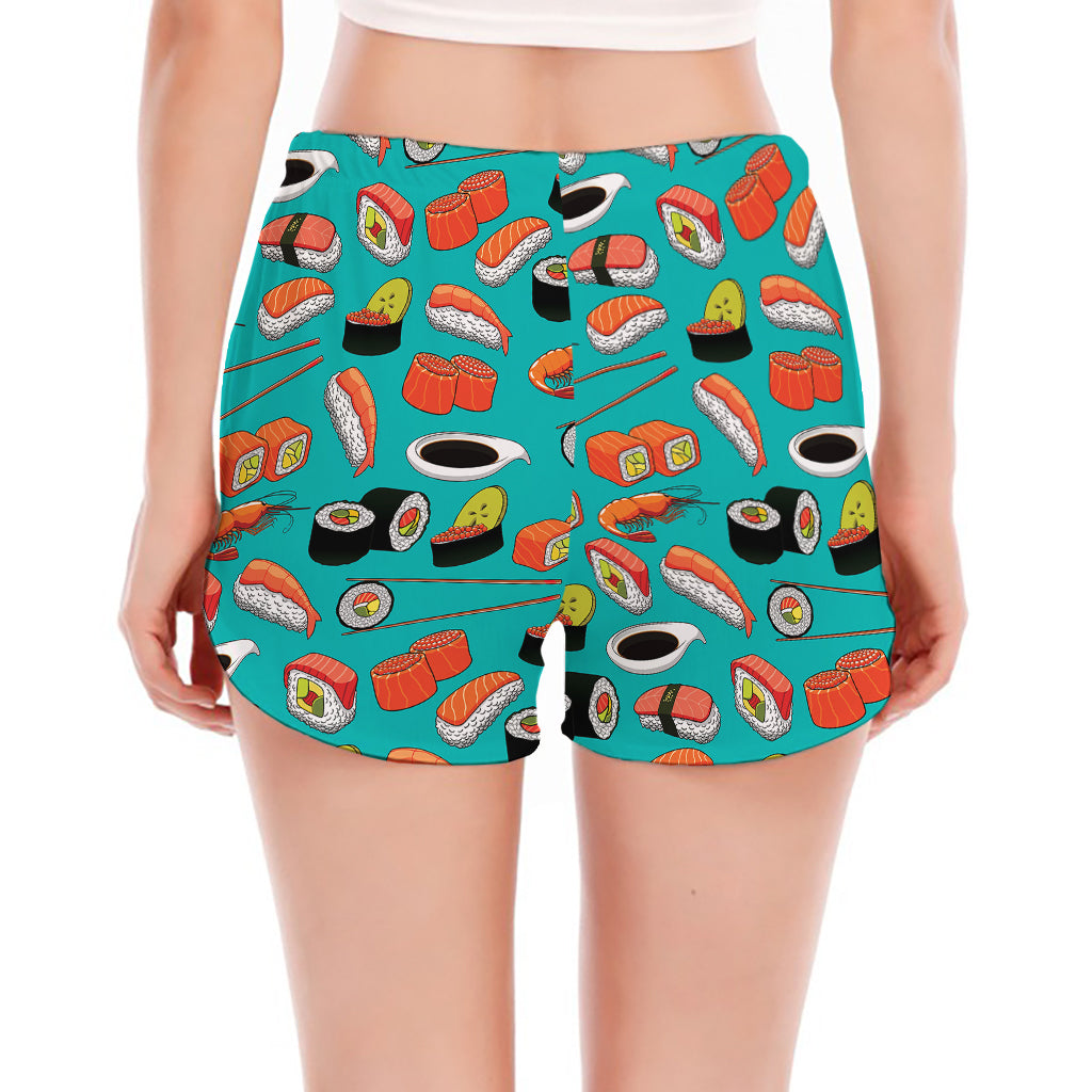 Japanese Sushi And Rolls Pattern Print Women's Split Running Shorts