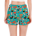 Japanese Sushi And Rolls Pattern Print Women's Split Running Shorts