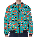 Japanese Sushi And Rolls Pattern Print Zip Sleeve Bomber Jacket