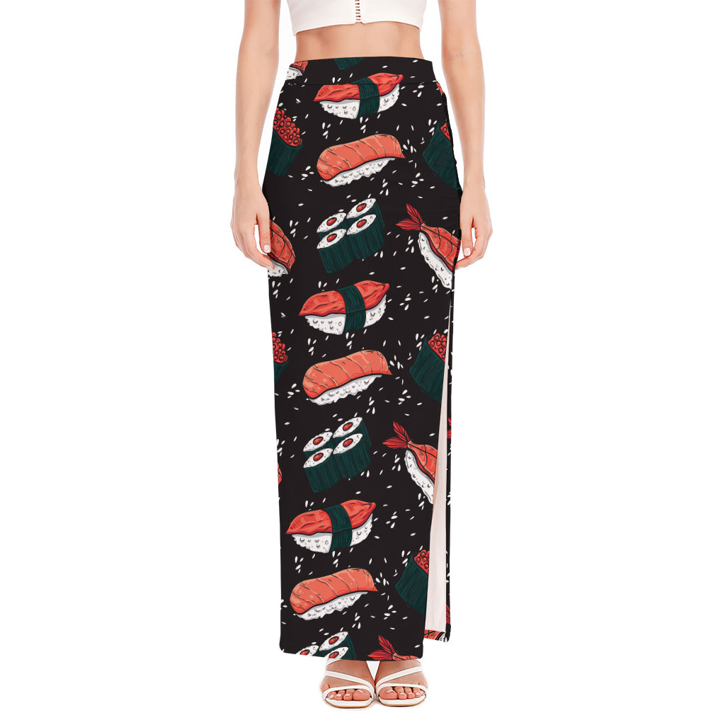 Japanese Sushi Pattern Print High Slit Maxi Skirt