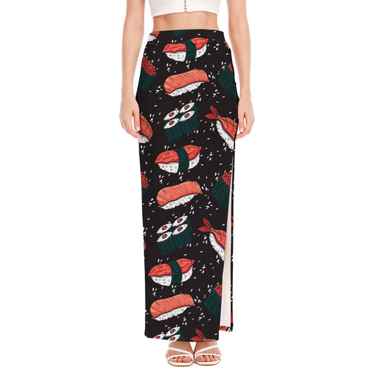 Japanese Sushi Pattern Print High Slit Maxi Skirt