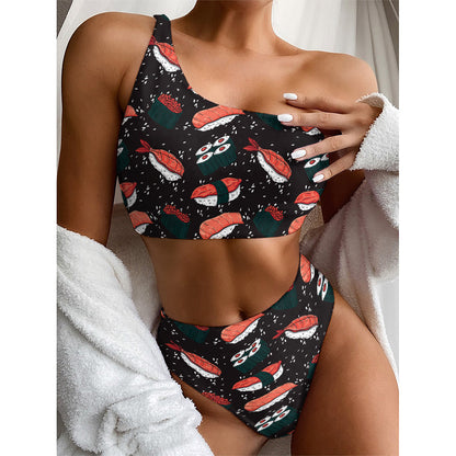 Japanese Sushi Pattern Print One Shoulder Bikini Top