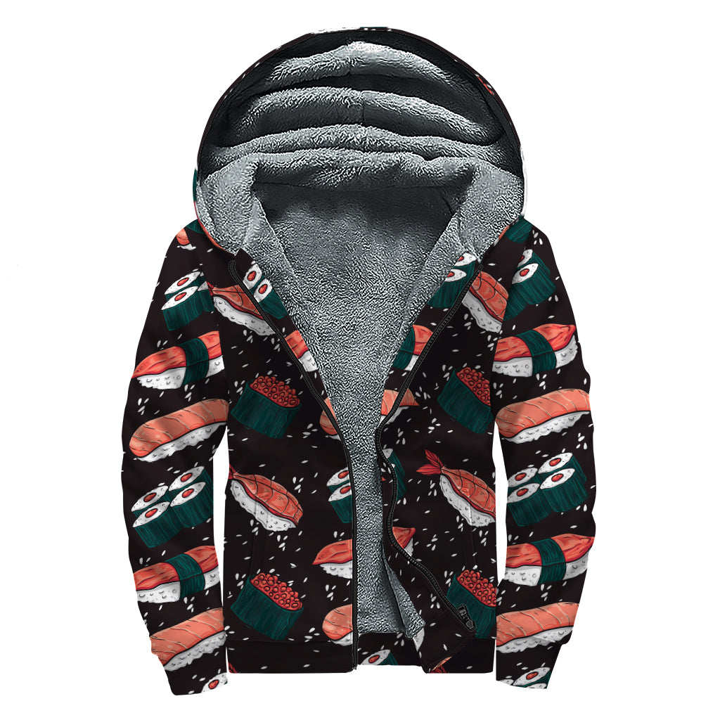 Japanese Sushi Pattern Print Sherpa Lined Zip Up Hoodie