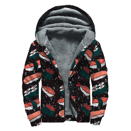 Japanese Sushi Pattern Print Sherpa Lined Zip Up Hoodie