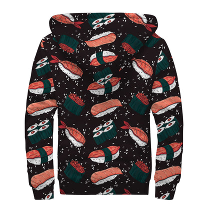 Japanese Sushi Pattern Print Sherpa Lined Zip Up Hoodie