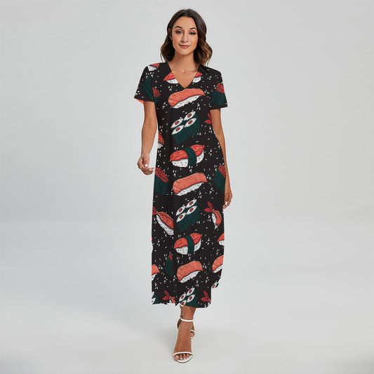 Japanese Sushi Pattern Print Short Sleeve Maxi Dress
