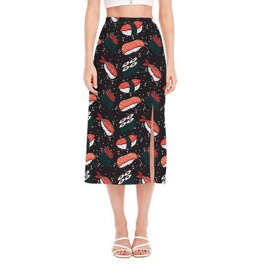 Japanese Sushi Pattern Print Side Slit Midi Skirt