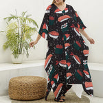 Japanese Sushi Pattern Print Silk V-Neck Kaftan Dress