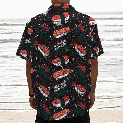 Japanese Sushi Pattern Print Textured Short Sleeve Shirt