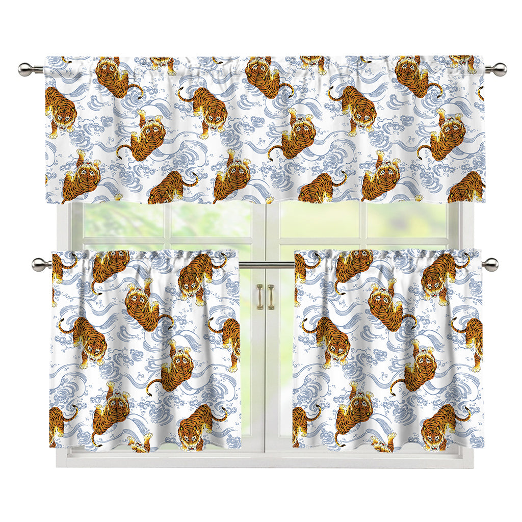 Japanese Tiger Pattern Print 3 Piece Kitchen Curtains