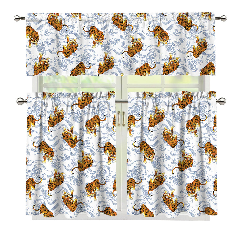 Japanese Tiger Pattern Print 3 Piece Kitchen Curtains
