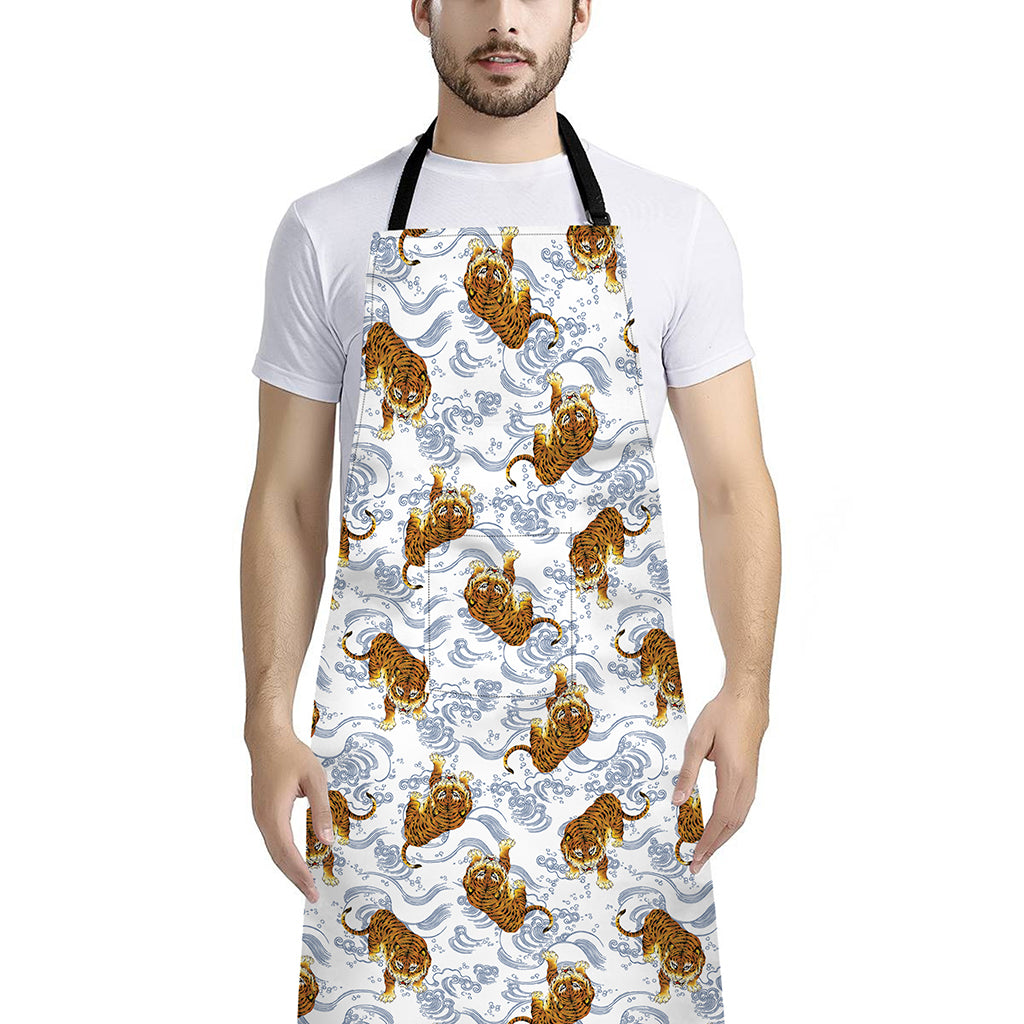 Japanese Tiger Pattern Print Bib Apron With Pocket