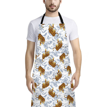 Japanese Tiger Pattern Print Bib Apron With Pocket